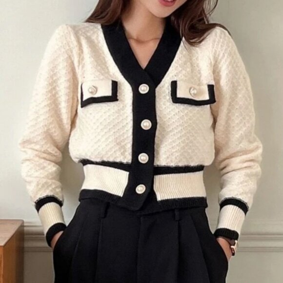 Classic Color Block Textured Faux Pearl Button Cardigan - Picture 1 of 9